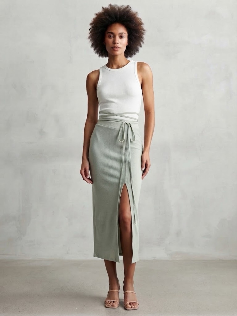 Princess Polly Sage Light Green Ribbed Midi Skirt with waist ties size 4